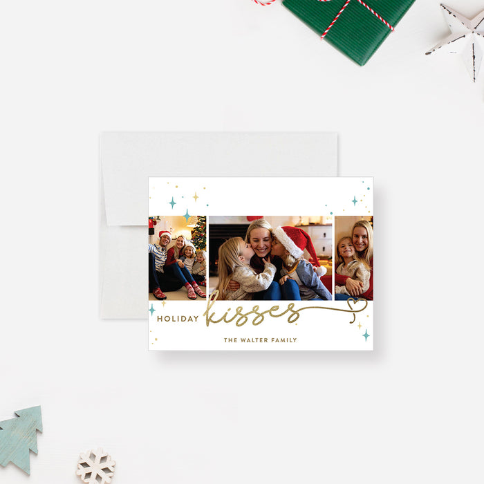 Holiday Kisses Greeting Card with Family Photos, Custom Christmas Card with Three Family Pictures