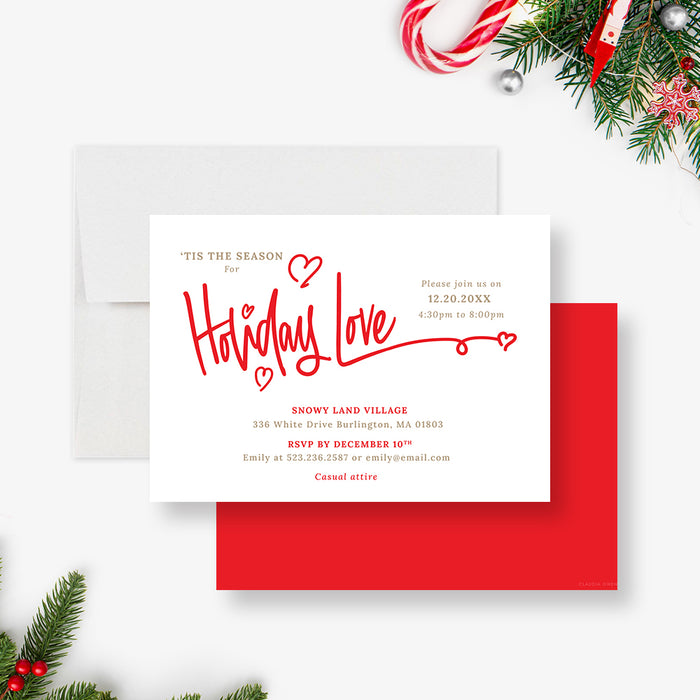 Cute Holiday Party Invitation Card in Red and White, Personalized Couples Christmas Party Invites, Romantic Holiday Invitation