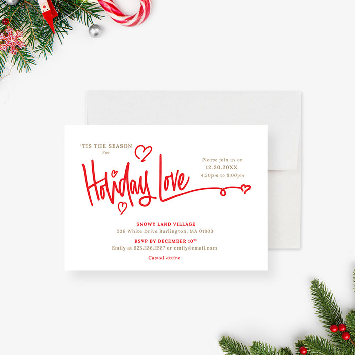 Cute Holiday Party Invitation Card in Red and White, Personalized Couples Christmas Party Invites, Romantic Holiday Invitation