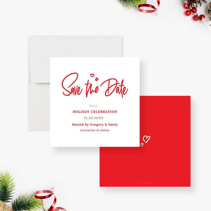 Sweet Save the Date Card for Holiday Celebration, Romantic Christmas Save the Date with Love Hearts