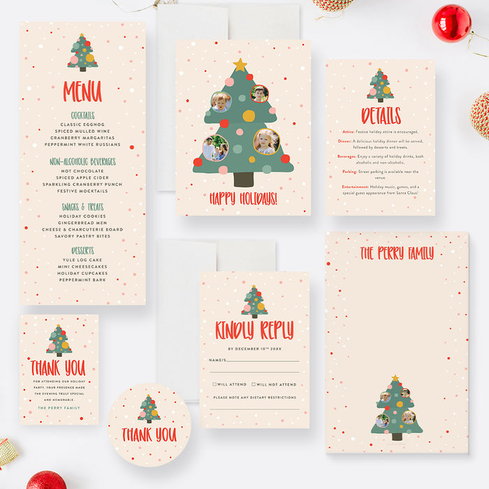 Cute Holiday Party Invitation Card with Christmas Tree and Colorful Baubles, Jingle and Mingle Family Christmas Dinner Invites