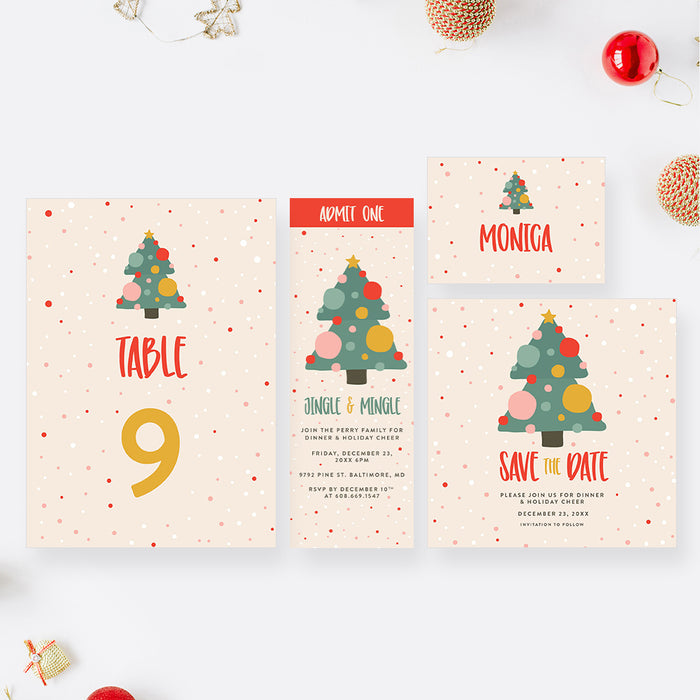 Cute Holiday Party Invitation Card with Christmas Tree and Colorful Baubles, Jingle and Mingle Family Christmas Dinner Invites