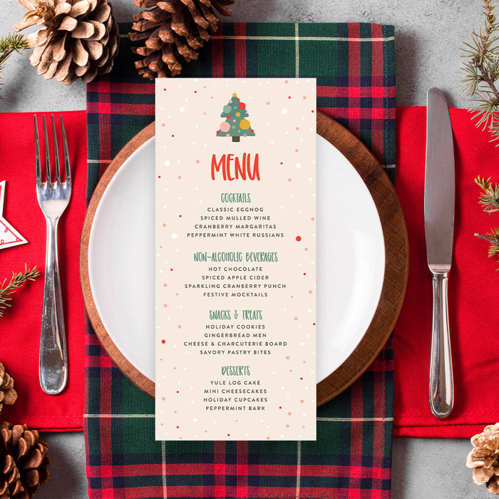 Cute Holiday Party Invitation Card with Christmas Tree and Colorful Baubles, Jingle and Mingle Family Christmas Dinner Invites