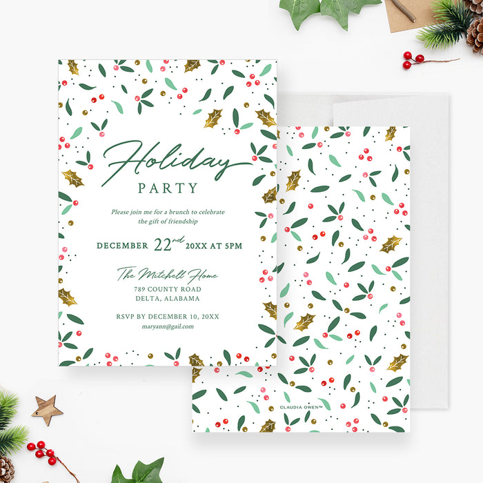 Digital holiday party invitation featuring festive greenery and berries in a modern layout