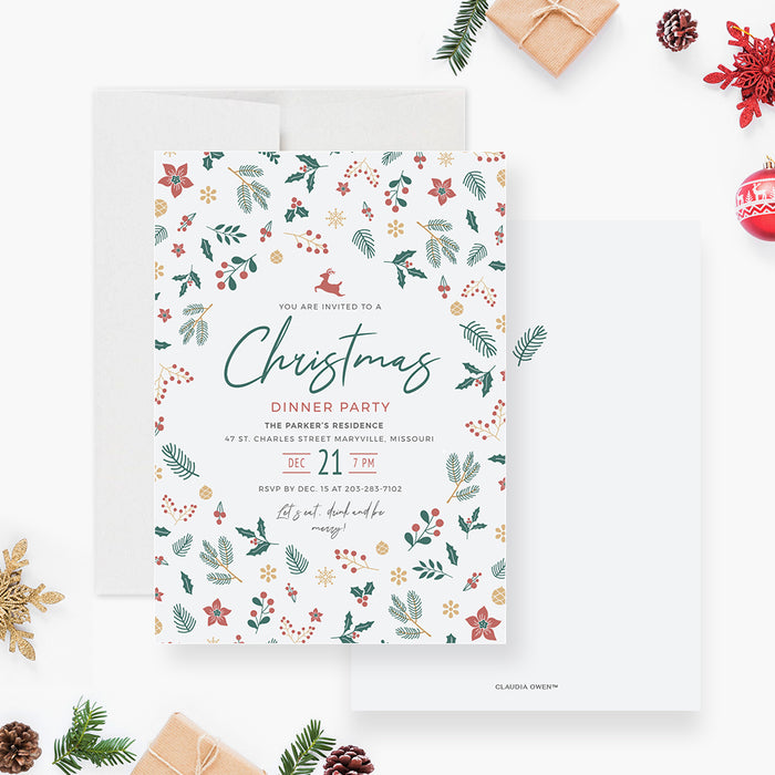 Editable holiday party invitation template featuring a modern festive layout designed for digital download and personalized holiday event details.