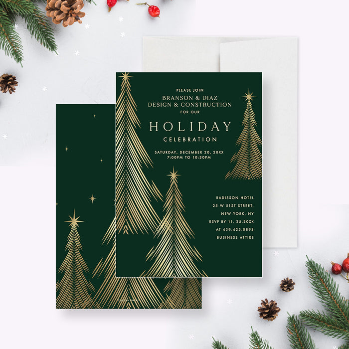 Green and Gold Holiday Party Invitation with Christmas Trees, Company Holiday Invitations, Work Christmas Party Invites