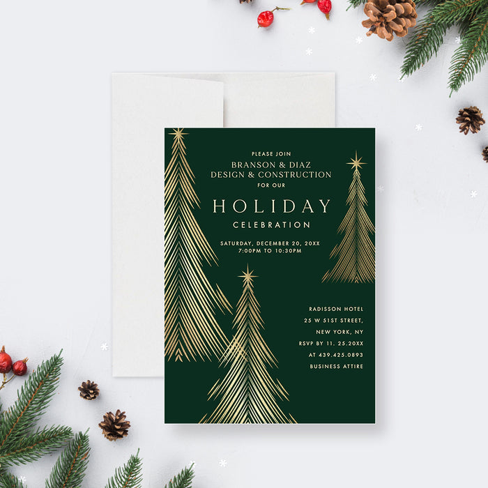 Green and Gold Holiday Party Invitation with Christmas Trees, Company Holiday Invitations, Work Christmas Party Invites