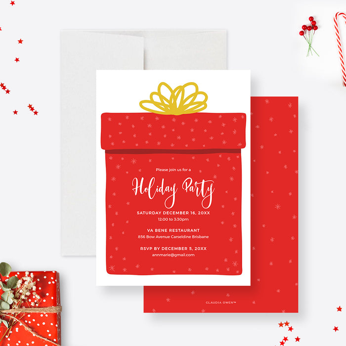 Digital holiday party invitation featuring red gift design and festive script text, perfect for Christmas celebrations and instant download.