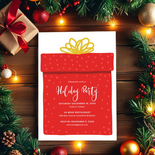 Digital holiday party invitation featuring red gift design and festive script text, perfect for Christmas celebrations and instant download.