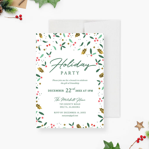 Digital holiday party invitation featuring festive greenery and berries in a modern layout