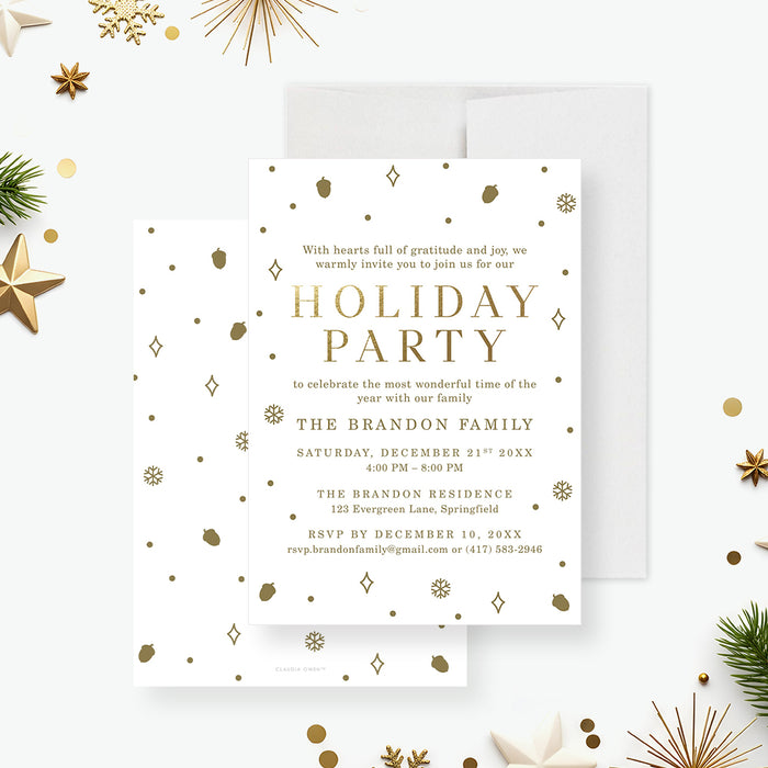 holiday party invitation with gold-colored festive details, snowflakes, acorns, dots, and personalized Christmas party wording-front-back