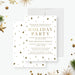 holiday party invitation with gold-colored festive details, snowflakes, acorns, dots, and personalized Christmas party wording-front-back