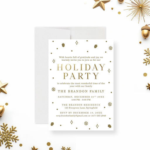 holiday party invitation with gold-colored festive details, snowflakes, acorns, dots, and personalized Christmas party wording-front