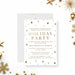 holiday party invitation with gold-colored festive details, snowflakes, acorns, dots, and personalized Christmas party wording-front