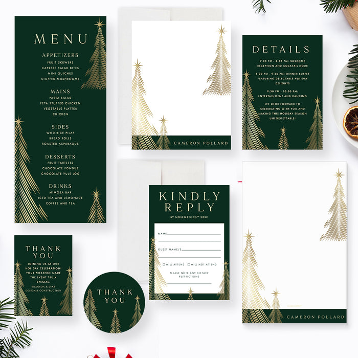 Green and Gold Holiday Party Invitation with Christmas Trees, Company Holiday Invitations, Work Christmas Party Invites