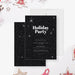 black holiday party invitation with white starry night design and bold Christmas party lettering-front-back