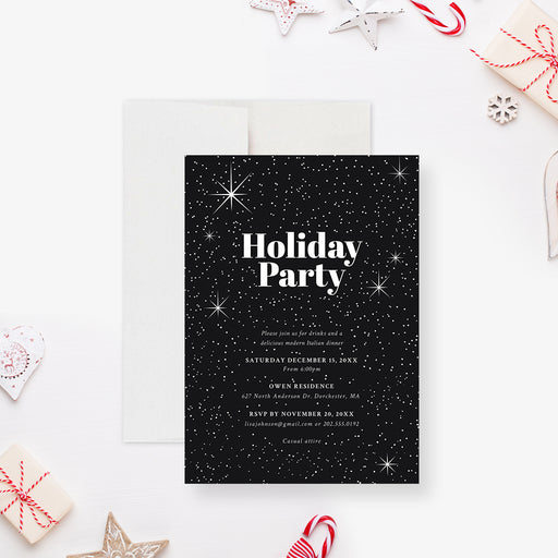 black holiday party invitation with white starry night design and bold Christmas party lettering-front