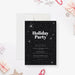 black holiday party invitation with white starry night design and bold Christmas party lettering-front