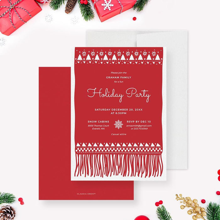 Red knitted Christmas sweater themed holiday party invitation with white festive pattern and editable text for family holiday event.