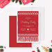 Red knitted Christmas sweater themed holiday party invitation with white festive pattern and editable text for family holiday event.