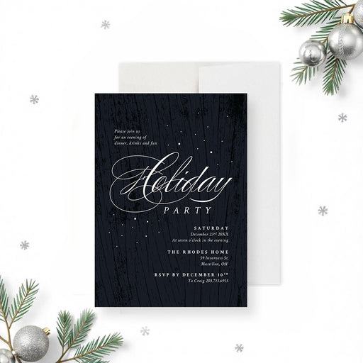 Elegant holiday invitation with a dark wood grain and snow design, ideal for Christmas dinners or festive winter parties.-front