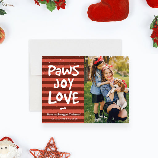 Custom paws joy love Christmas card with red stripes, family photo, and festive holiday design, perfect holiday greeting for pet lovers.-front