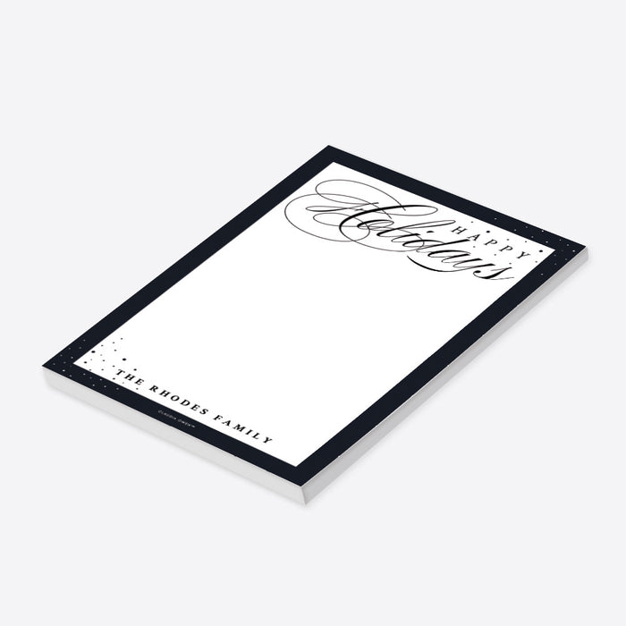 Personalized notepad with elegant “Happy Holidays” design, a Christmas stocking stuffer, or seasonal keepsakes.-side