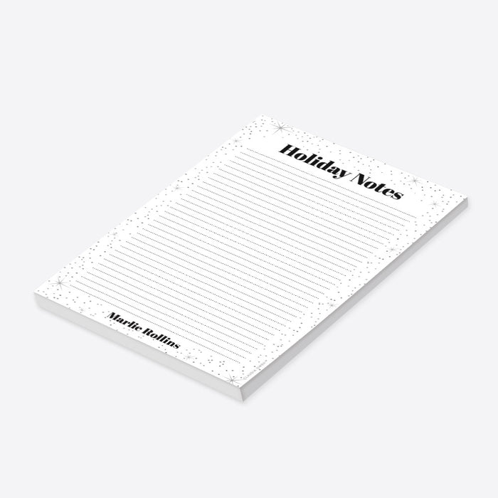 personalized holiday notepad with black and white starry design, lined pages, and custom name for a modern Christmas stationery gift-side