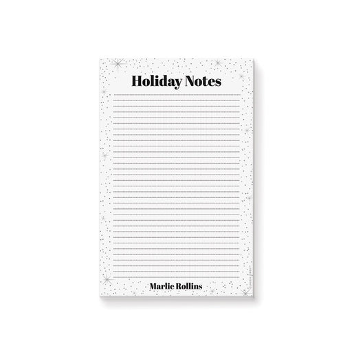 personalized holiday notepad with black and white starry design, lined pages, and custom name for a modern Christmas stationery gift