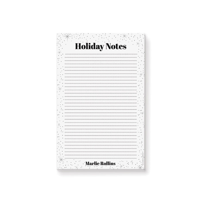 personalized holiday notepad with black and white starry design, lined pages, and custom name for a modern Christmas stationery gift