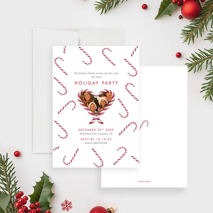 holiday party photo invitation with candy cane pattern, heart-shaped family photo, and personalized Christmas party details-front-back