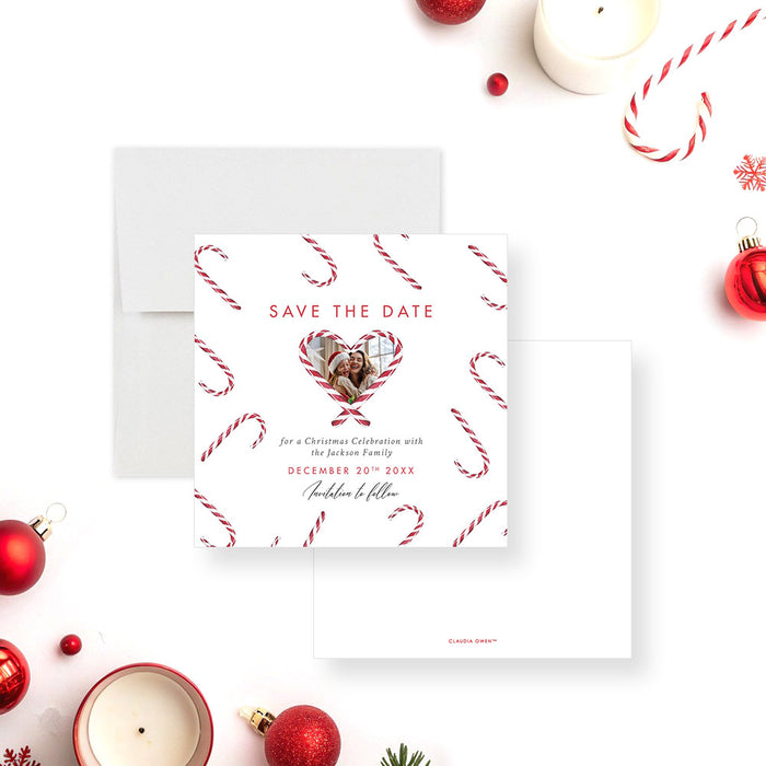 Christmas save the date photo card with candy cane pattern, heart-shaped photo frame, and personalized holiday details-front-back