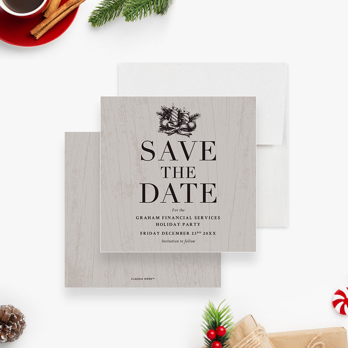 Save the date card featuring a neutral wood grain design and festive Christmas elements, customized for a corporate holiday event.-front-back