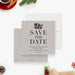 Save the date card featuring a neutral wood grain design and festive Christmas elements, customized for a corporate holiday event.-front-back