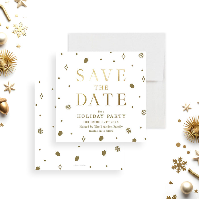 holiday party save the date card with gold-colored festive details, snowflakes, acorns, dots, and personalized Christmas party wording-front-back