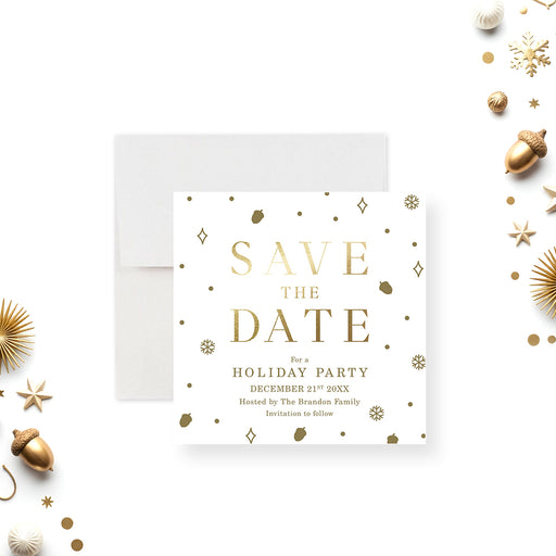 holiday party save the date card with gold-colored festive details, snowflakes, acorns, dots, and personalized Christmas party wording-front