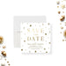 holiday party save the date card with gold-colored festive details, snowflakes, acorns, dots, and personalized Christmas party wording-front