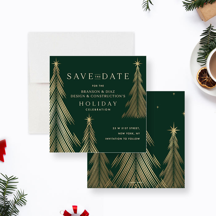 Green and Gold Holiday Save the Date Card with Christmas Trees, Christmas Office Party Save the Dates