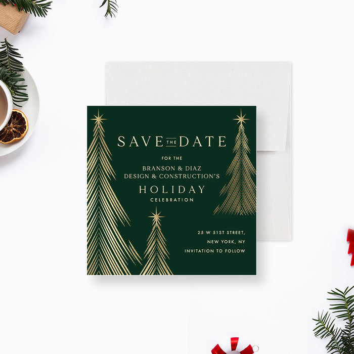 Green and Gold Holiday Save the Date Card with Christmas Trees, Christmas Office Party Save the Dates