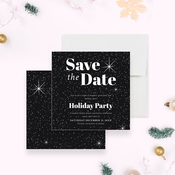 holiday save the date card with black starry background and elegant white typography for festive winter celebrations-front-back