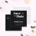 holiday save the date card with black starry background and elegant white typography for festive winter celebrations-front-back