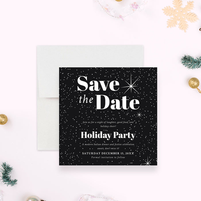 holiday save the date card with black starry background and elegant white typography for festive winter celebrations-front
