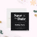 holiday save the date card with black starry background and elegant white typography for festive winter celebrations-front