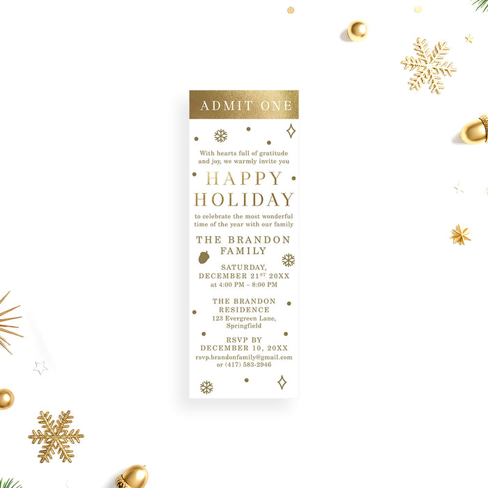holiday party ticket invitation with gold-colored accents, festive holiday icons, and personalized Christmas party details on a white background