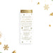 holiday party ticket invitation with gold-colored accents, festive holiday icons, and personalized Christmas party details on a white background