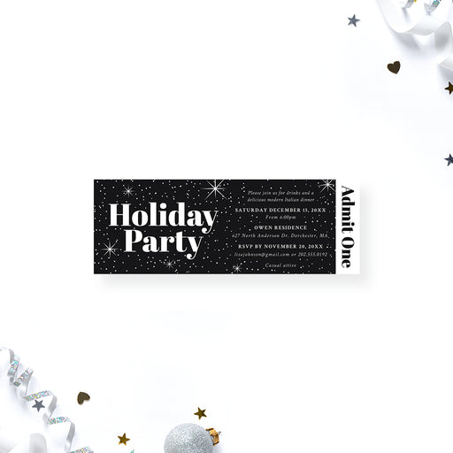 black starry holiday party ticket invitation with bold Holiday Party lettering and admit one event details