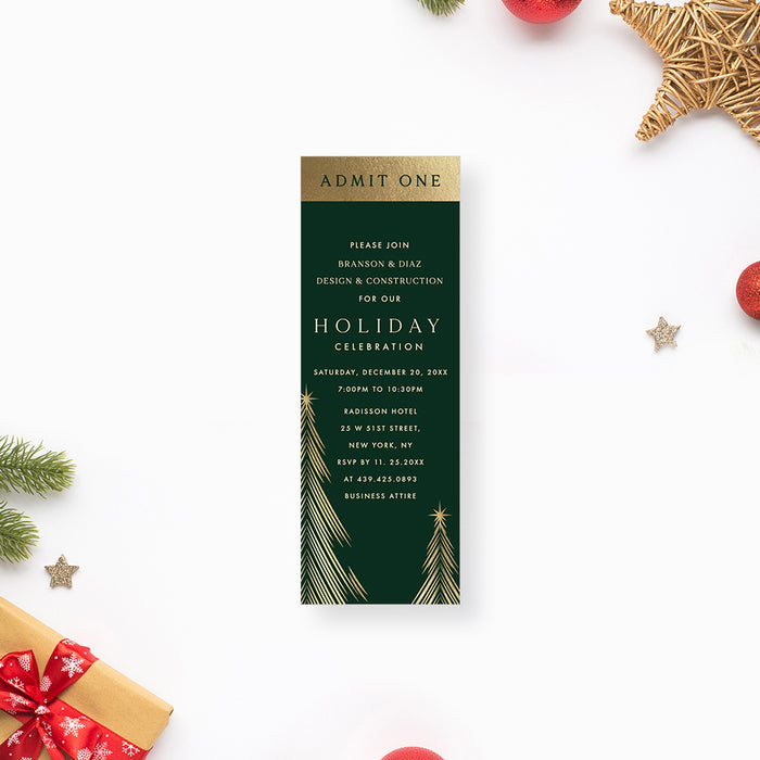 Green and Gold Holiday Party Invitation with Christmas Trees, Elegant Business Holiday Ticket Invites