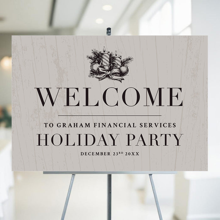 Festive personalized holiday welcome sign with a wood-grain background, candles, pine boughs, and ribbon design.