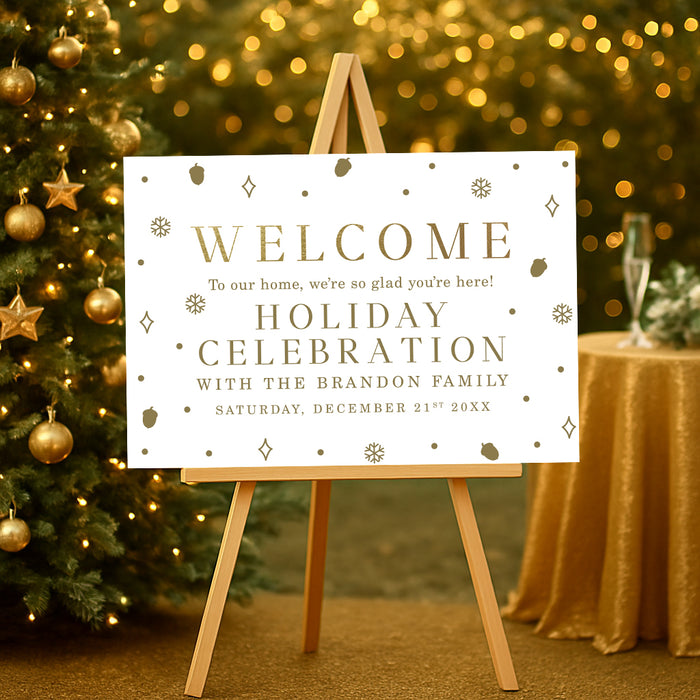 holiday party welcome sign with gold seasonal accents, snowflakes, acorns, and custom Christmas celebration wording displayed on an easel