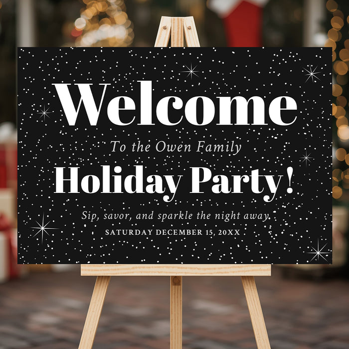 black starry holiday party welcome sign with bold Welcome lettering, white starry night design, and Christmas party details